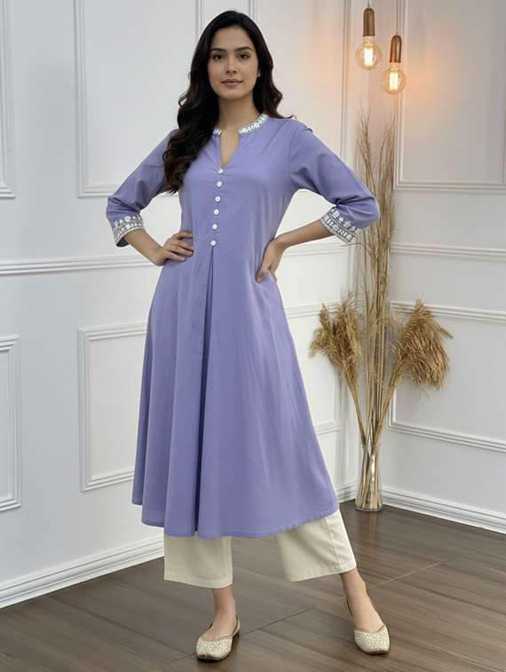 women solid three quarter sleeve kurta palazzo set - 21922361 -  Standard Image - 1