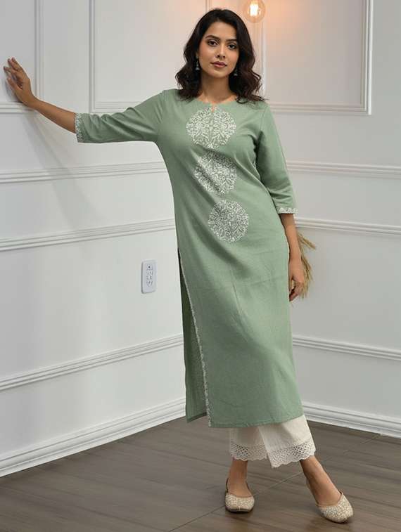 women embroidered three quarter sleeve kurta palazzo set - 21922362 -  Standard Image - 1