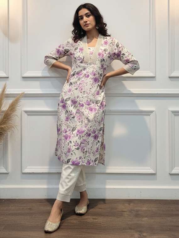 women floral three quarter sleeve kurta palazzo set - 21922367 -  Standard Image - 1