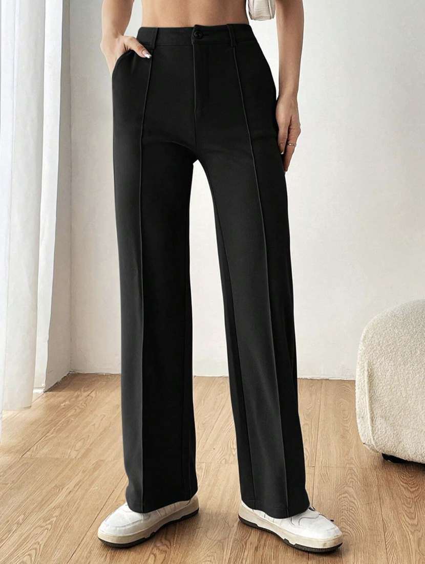 women solid high rise straight trouser
