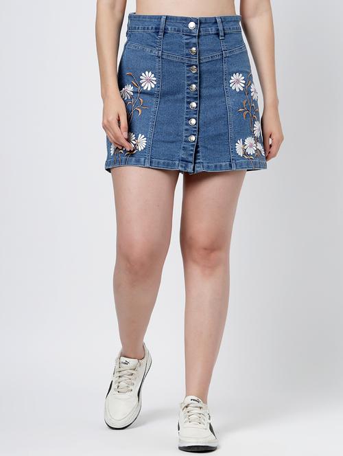 women embroidered high rise denim skirt - 21922520 - Standard Image - 0