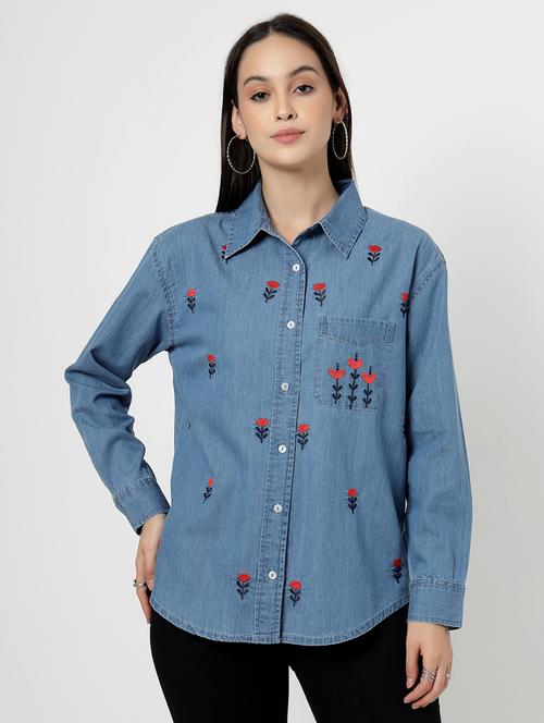 women embroidered collared denim shirt - 21922523 - Standard Image - 0