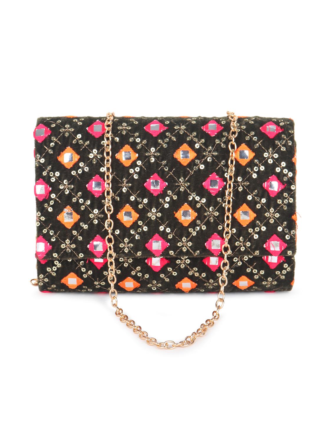 women black embroidered clutch with sling chain - 21922583 - Zoom Image - 0