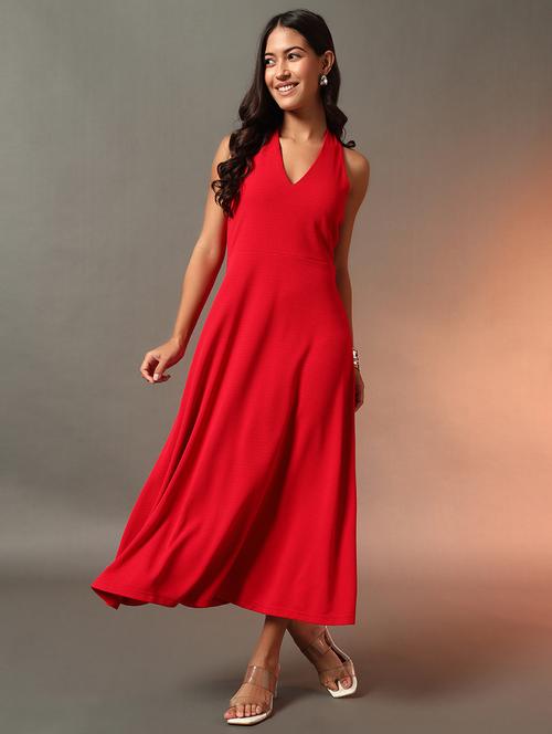women solid halter neck sleeveless fit & flare dress - 21922642 -  Standard Image - 0