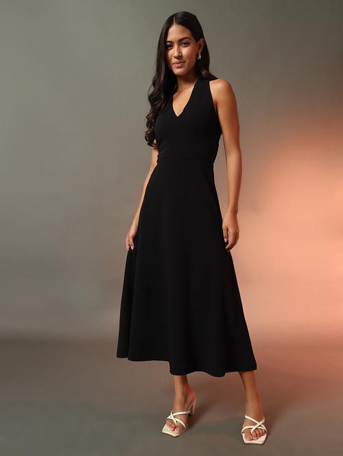 women solid halter neck sleeveless fit & flare dress - 21922643 - Standard Image - 0