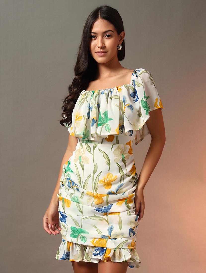 women floral printed caoe sleeves ruched dress - 21922648 - Zoom Image - 0