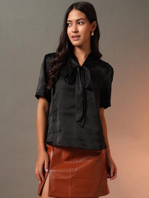women solid tie up neck puff sleeves top - 21922650 - Standard Image - 0