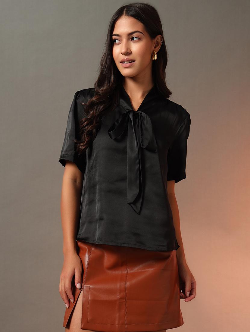 women solid tie up neck puff sleeves top - 21922650 - Zoom Image - 0