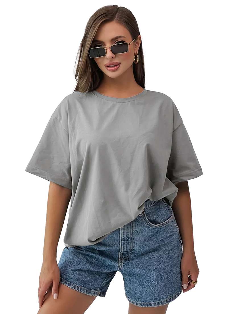 women solid short sleeves oversized t-shirt - 21922761 -  Zoom Image - 0