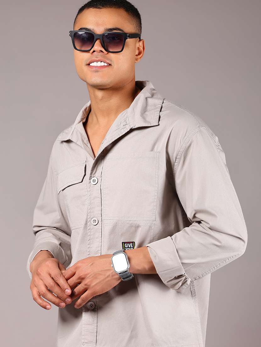 men solid collared long sleeve loose fit shirt