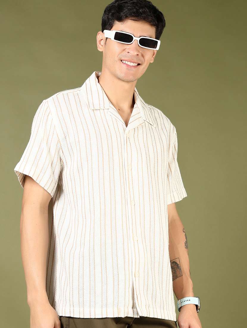 men striped cuban collared short sleeves casual shirt
