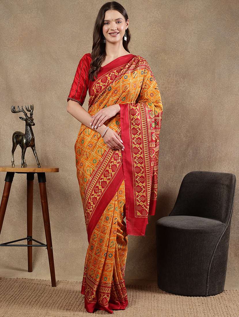 women yellow printed saree with blouse