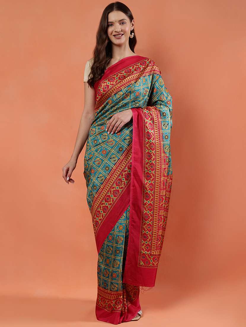 women green printed saree with blouse