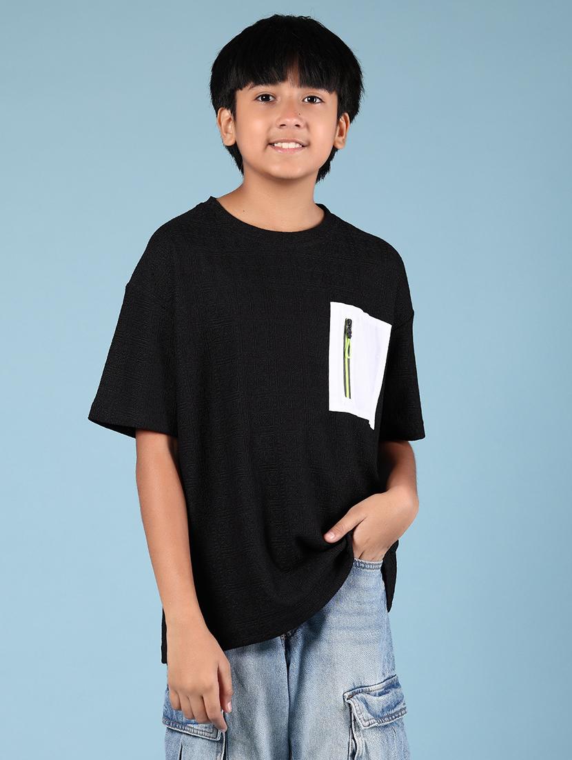 boys black placement print round neck t-shirt - 21923541 -  Standard Image - 1