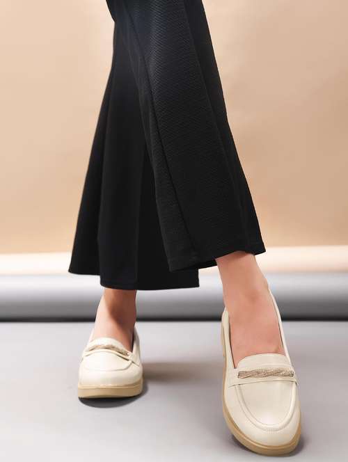 women off white embellished slip on loafer