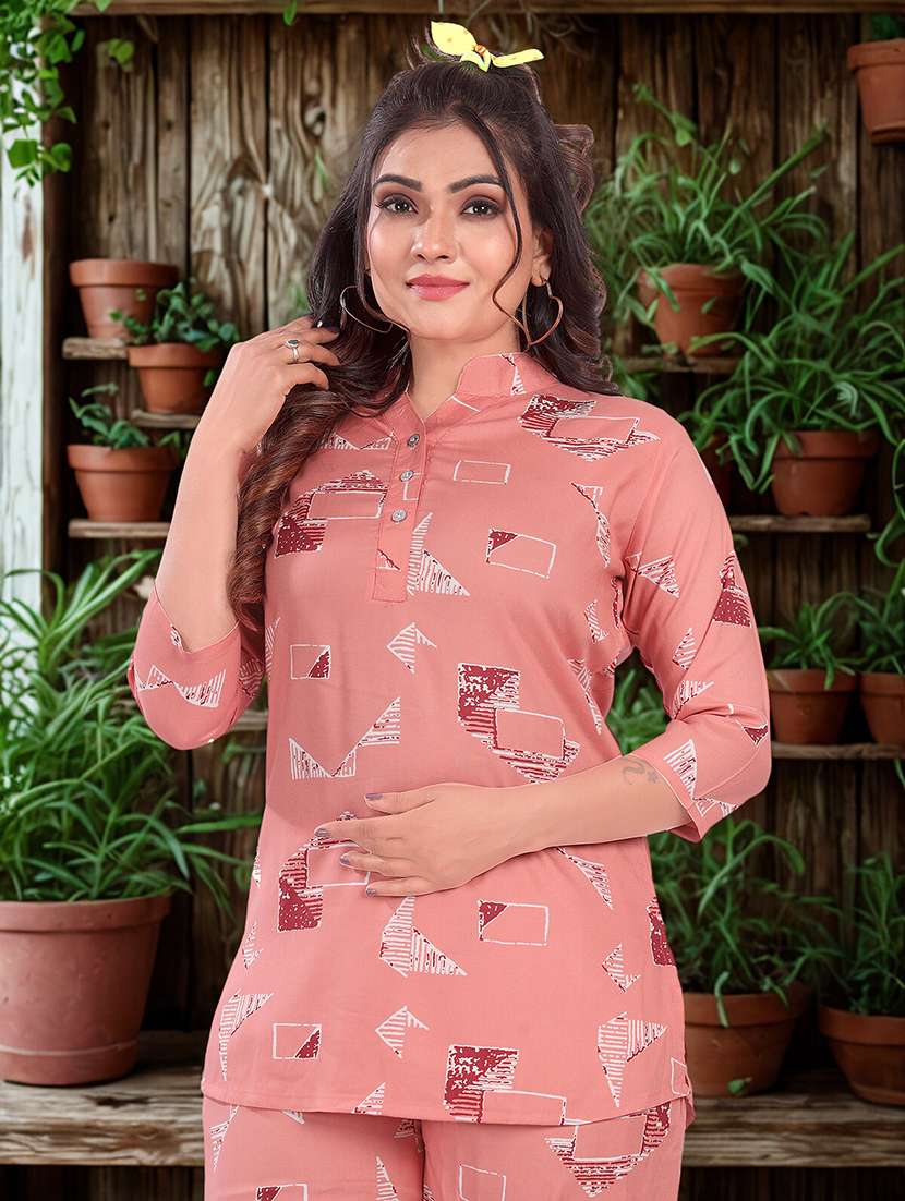 womn printed mandarin neck co-ord set
