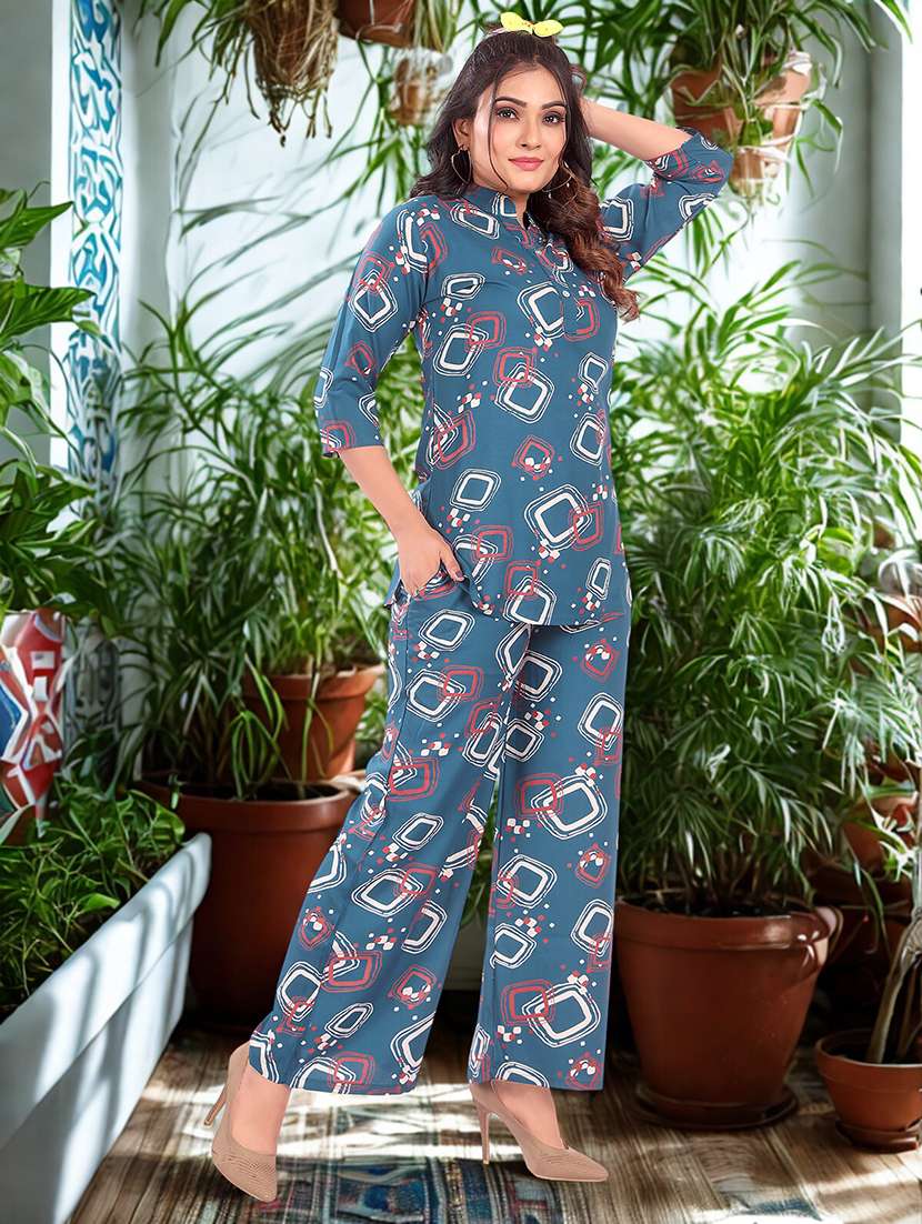 womn printed mandarin neck co-ord set