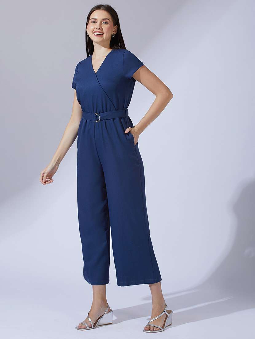 women solid overlap neck full length jumpsuit