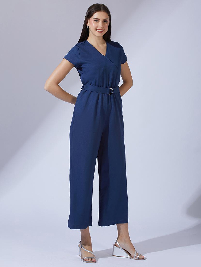 women solid overlap neck full length jumpsuit - 21923734 -  Standard Image - 1