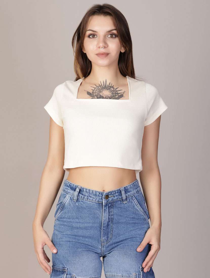 women solid short sleeve crop top - 21923802 -  Standard Image - 1