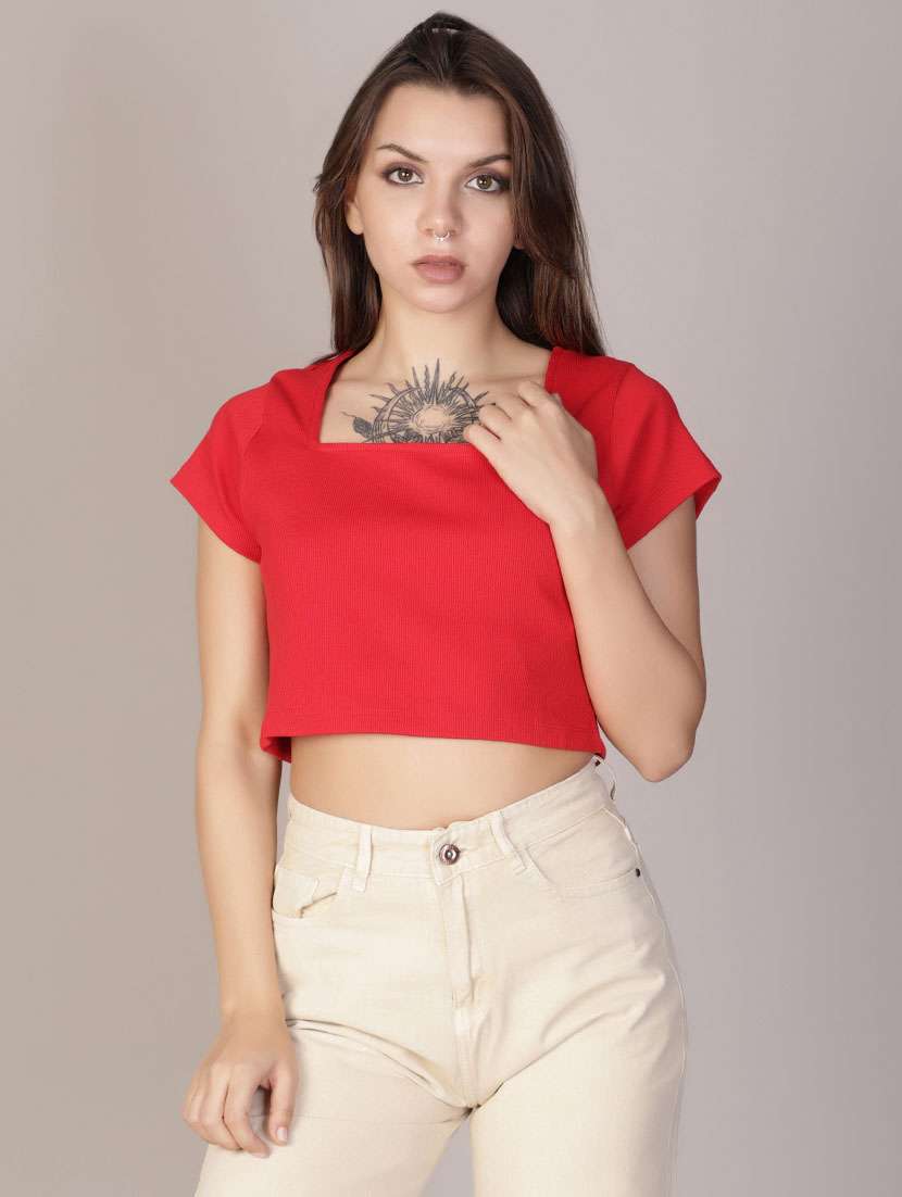 women solid short sleeve crop top - 21923806 -  Standard Image - 1