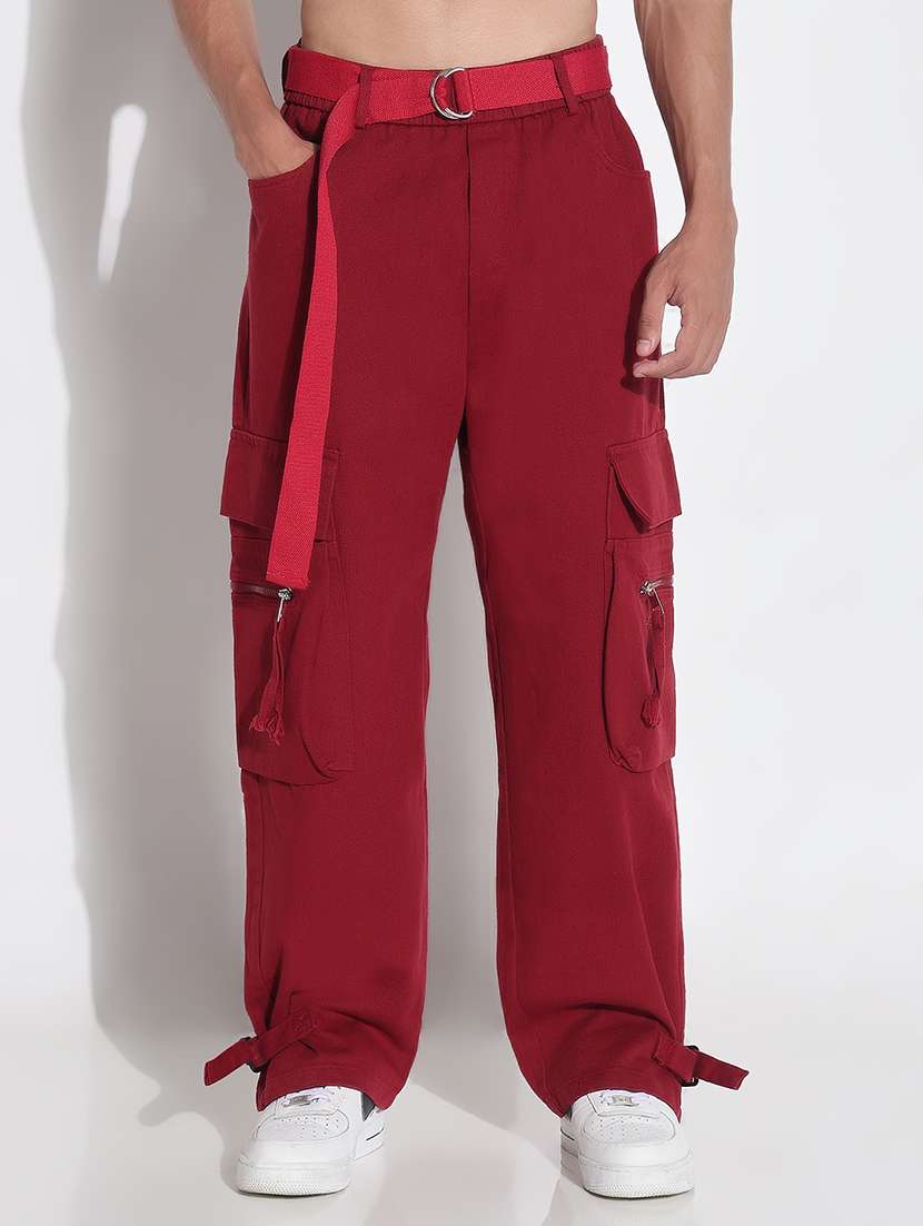 Men Red Solid Mid Rise Baggy Cargo - 21923936 -  Standard Image - 1