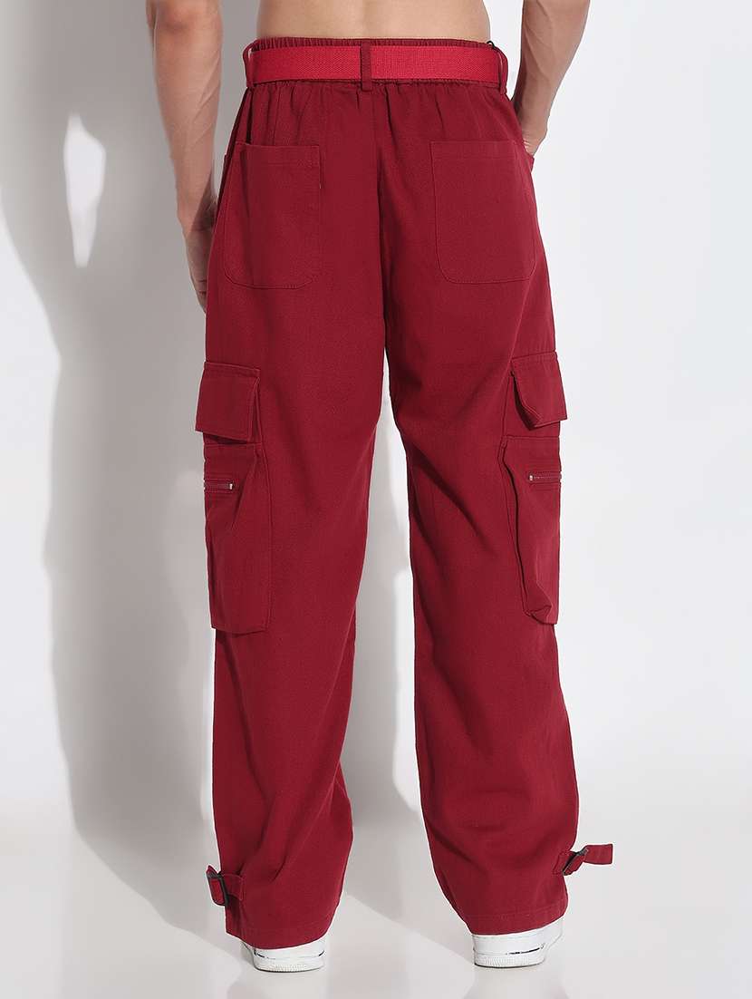 Men Red Solid Mid Rise Baggy Cargo - 21923936 -  Standard Image - 4