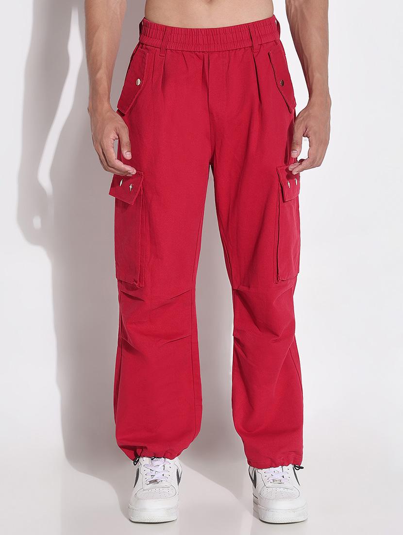 men red solid mid rise baggy cargo - 21923937 - Standard Image - 1