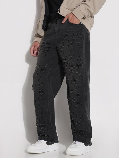men's black distressed denim stright fit jeans - 21923940 -  Standard Image - 0