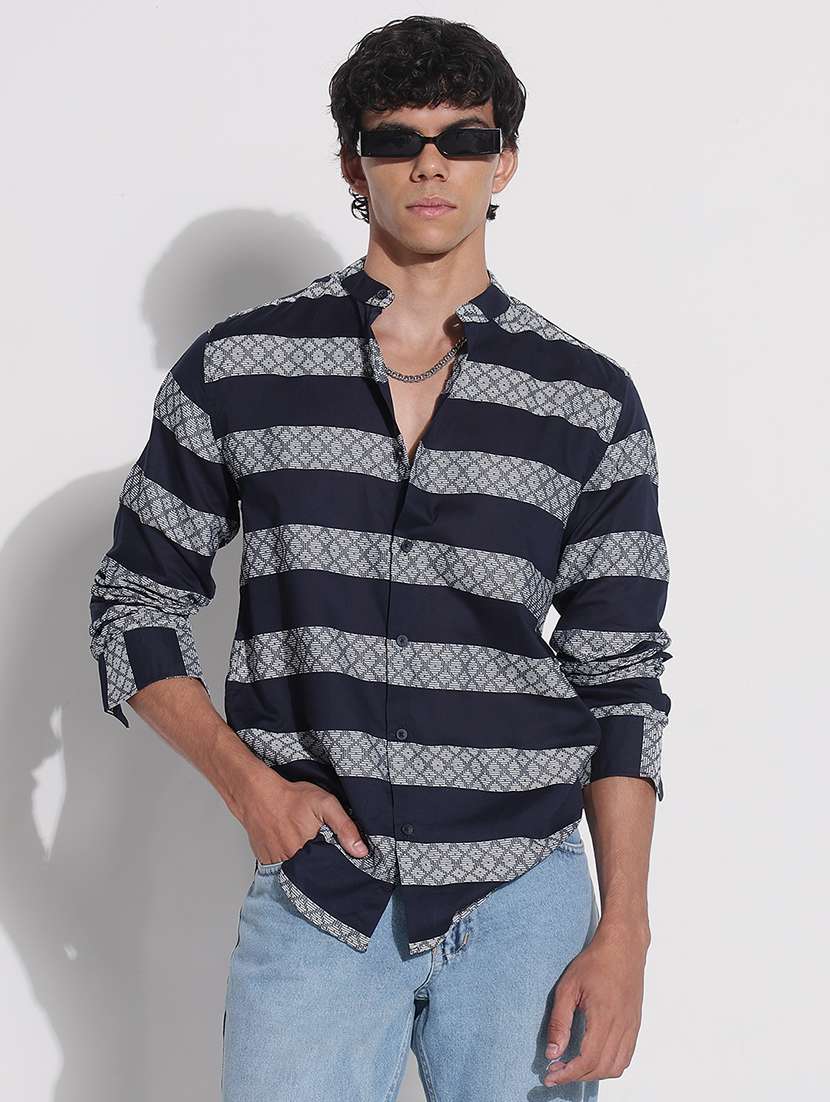 men printed long sleeve mandarin neck casual shirt - 21923961 -  Standard Image - 1