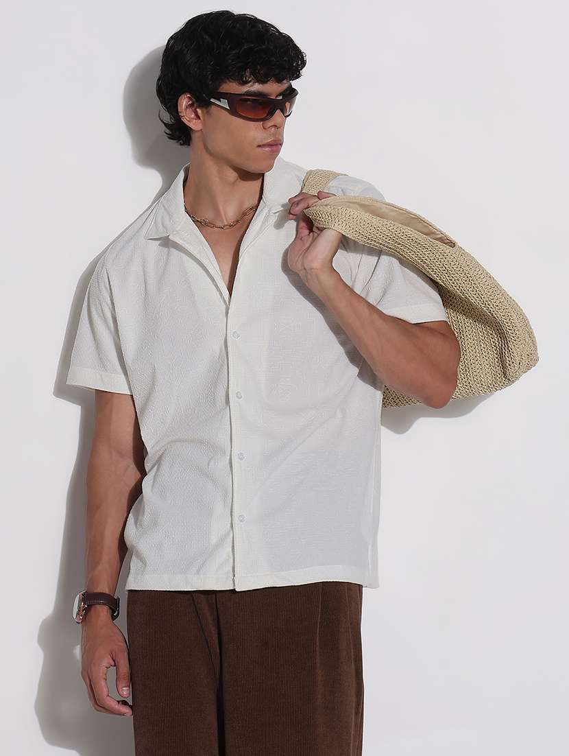 men textured cuban collar short sleeve loose fit shirt