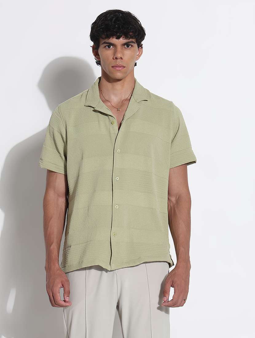 men textured cuban collar short sleeve loose fit shirt - 21923965 -  Standard Image - 1