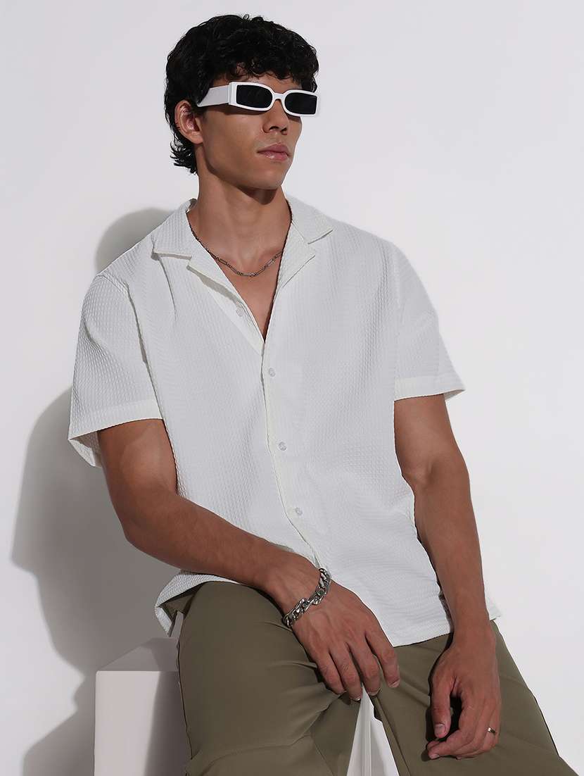 men textured cuban collar short sleeve loose fit shirt