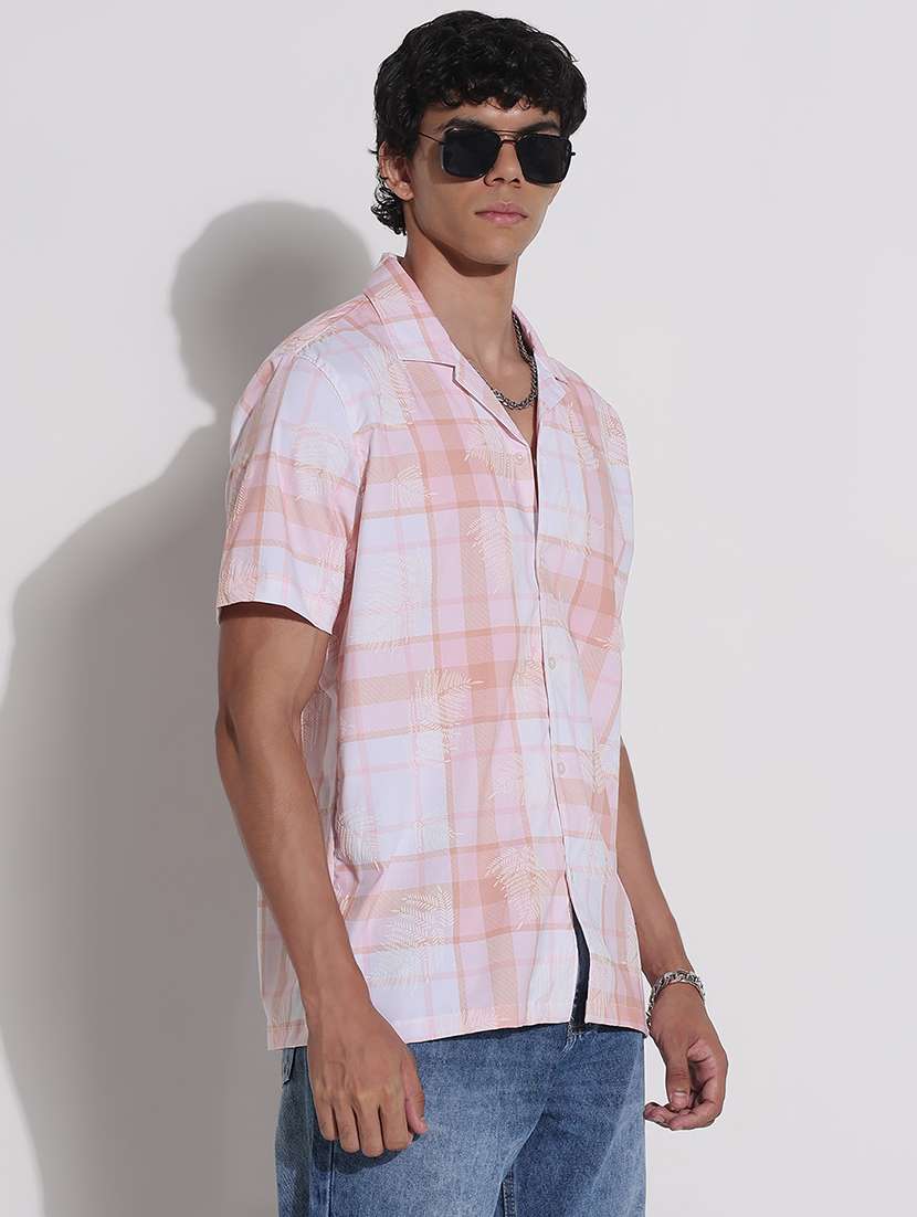 men checkerd cuban collar short sleeve loose fit shirt - 21923976 -  Standard Image - 1