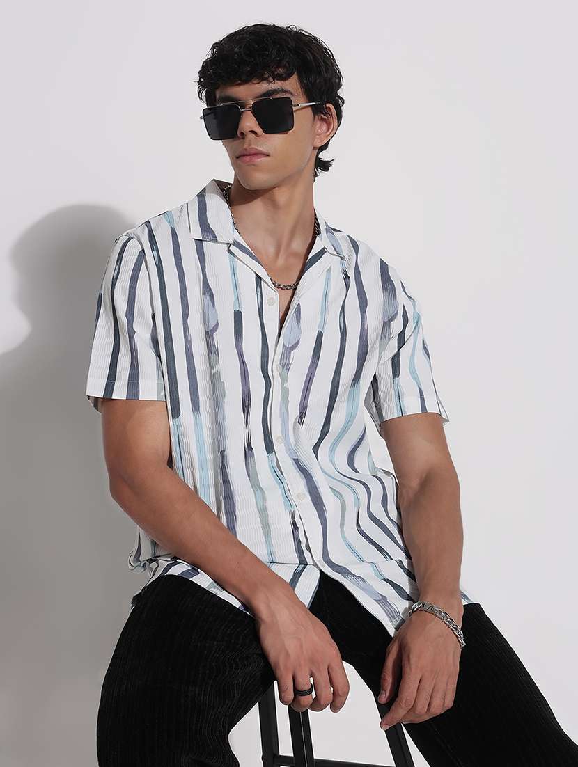 men printed cuban collar short sleeve loose fit shirt