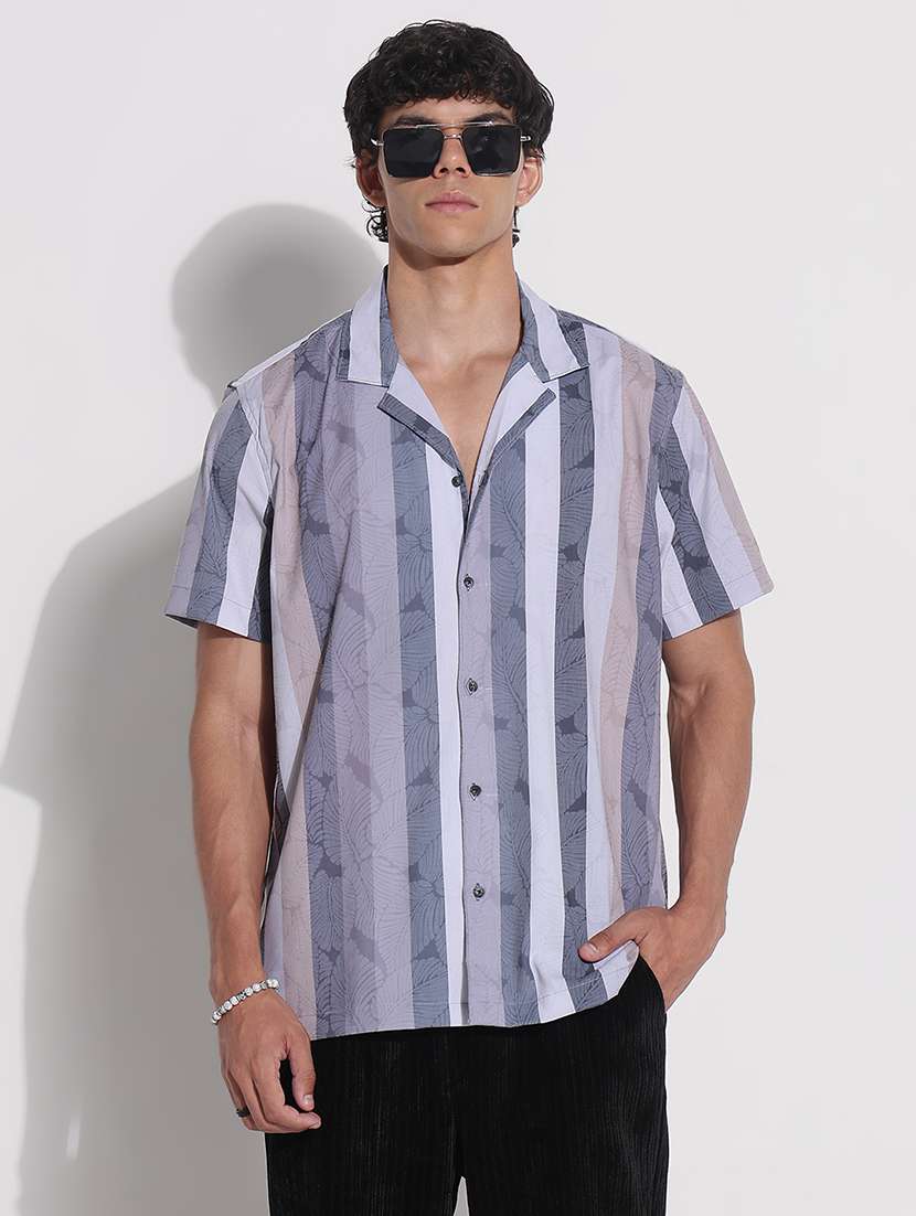 men striped cuban collar short sleeve loose fit shirt - 21923985 -  Standard Image - 1