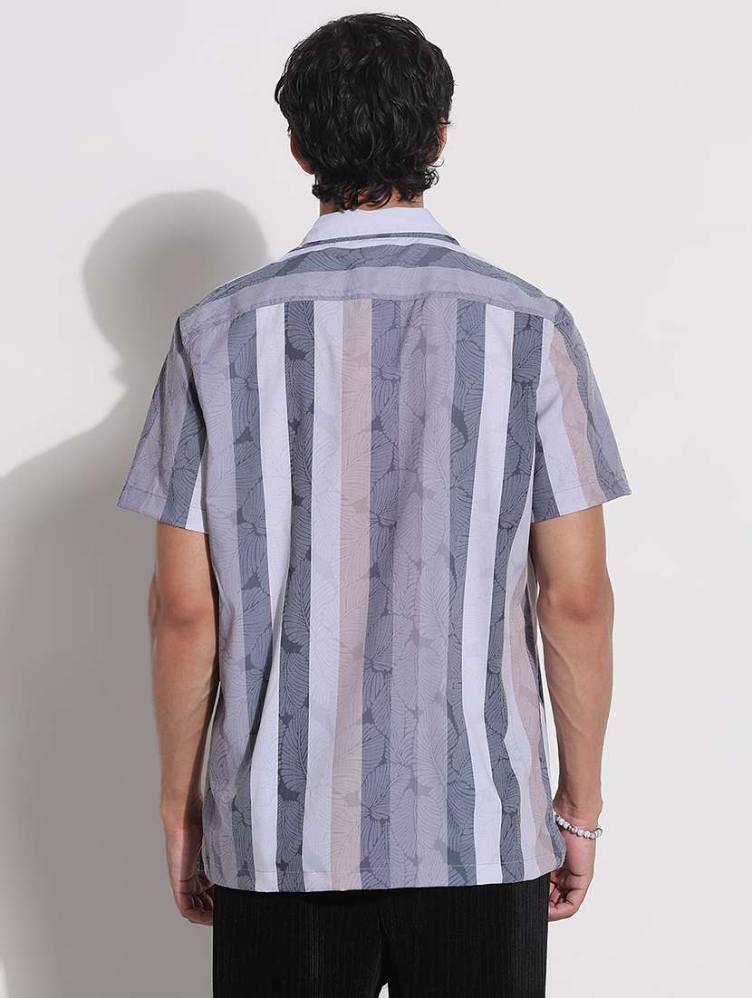 men striped cuban collar short sleeve loose fit shirt - 21923985 -  Standard Image - 4