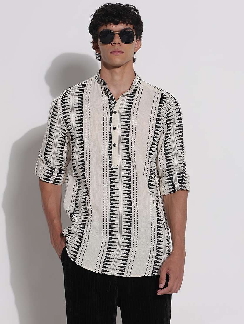 men printed long sleeve mandarin neck casual shirt - 21923993 -  Standard Image - 1