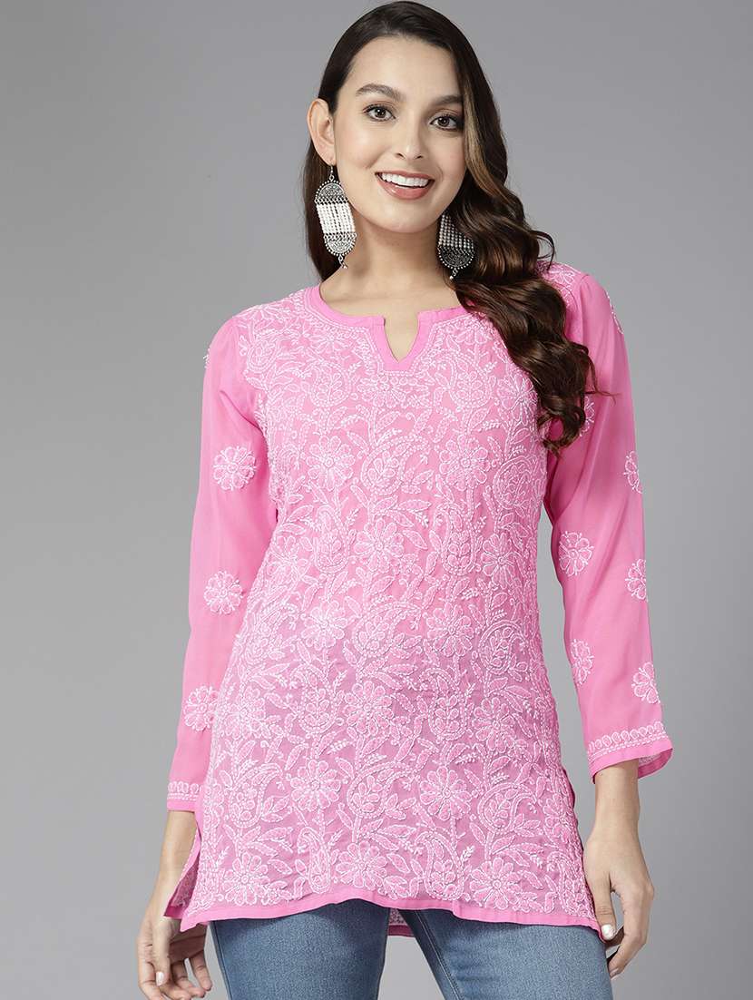 pink georgette straight kurti