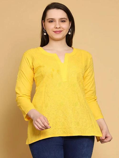yellow cotton straight kurti - 21924365 - Standard Image - 0