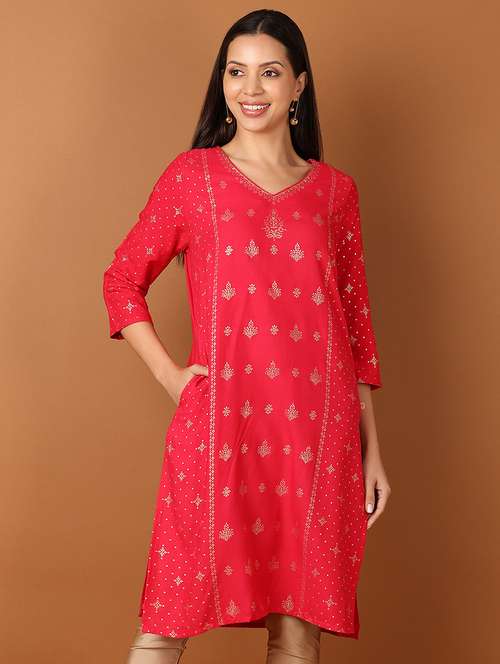 women three quarter sleeve straight kurta - 21924642 - Standard Image - 0