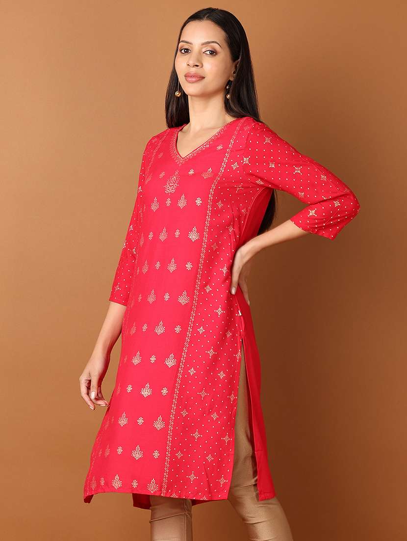 women three quarter sleeve straight kurta - 21924642 -  Standard Image - 1