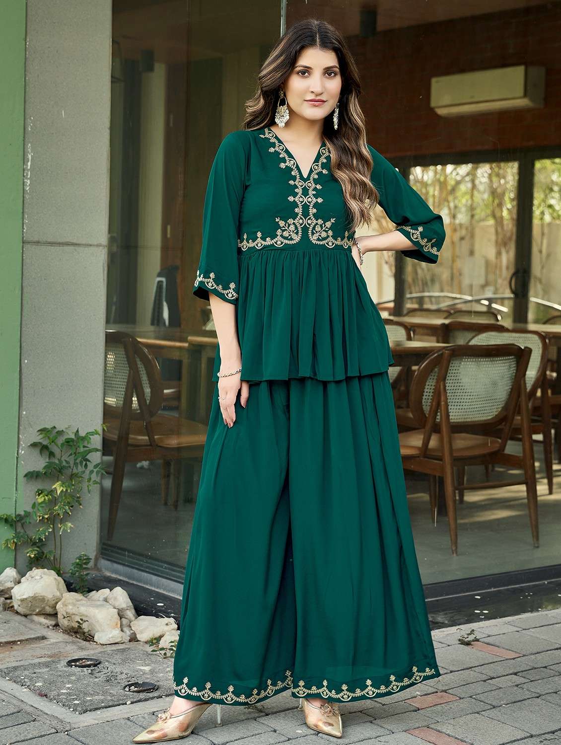 women embroidered top and palazzo co-ord set