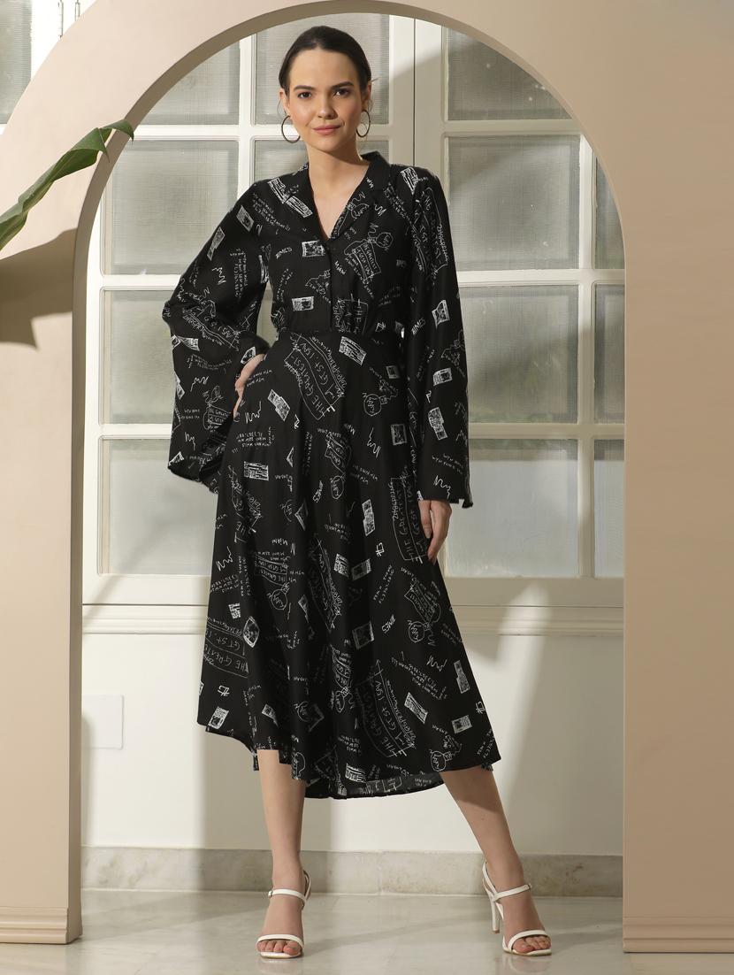 women printed flared sleeve fit & flare dress - 21924893 - Standard Image - 1