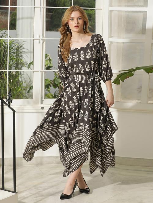 women printed puff sleeve asymmetric dress - 21924900 - Standard Image - 0