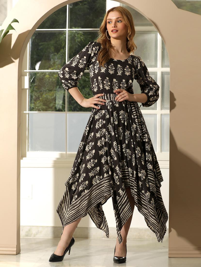 women printed puff sleeve asymmetric dress - 21924900 - Standard Image - 1