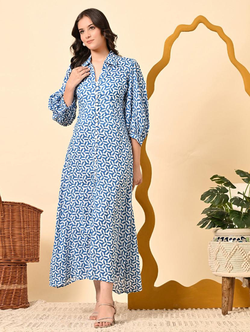 women printed collared puff sleeve a-line dress - 21924902 -  Standard Image - 1