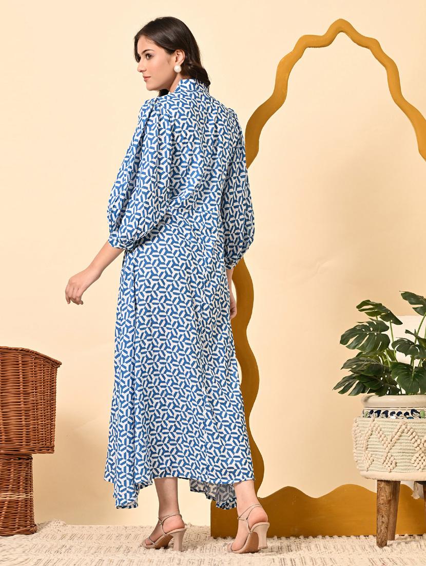 women printed collared puff sleeve a-line dress - 21924902 - Standard Image - 4