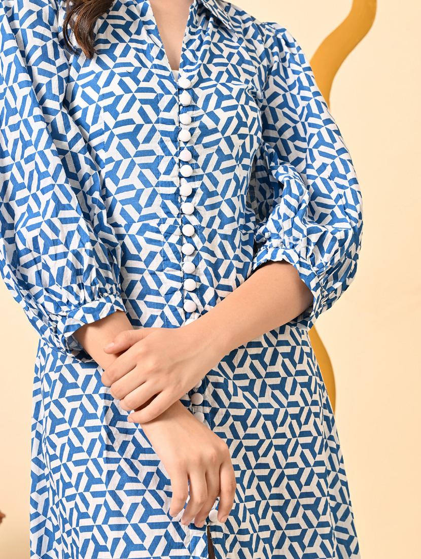 women printed collared puff sleeve a-line dress - 21924902 - Standard Image - 6