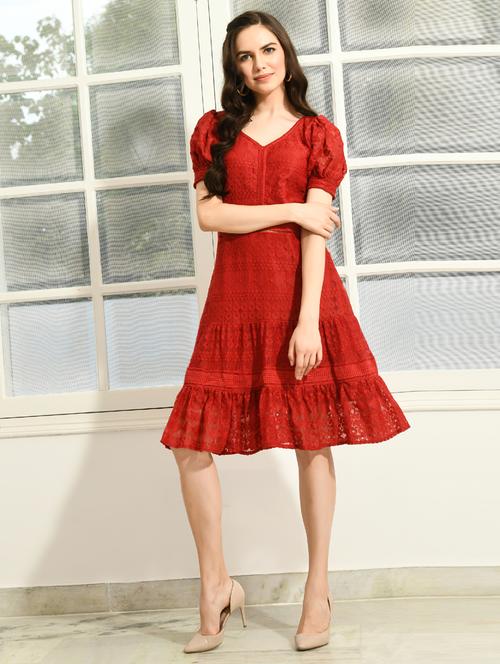 red cotton fit & flare dress - 21924903 - Standard Image - 0